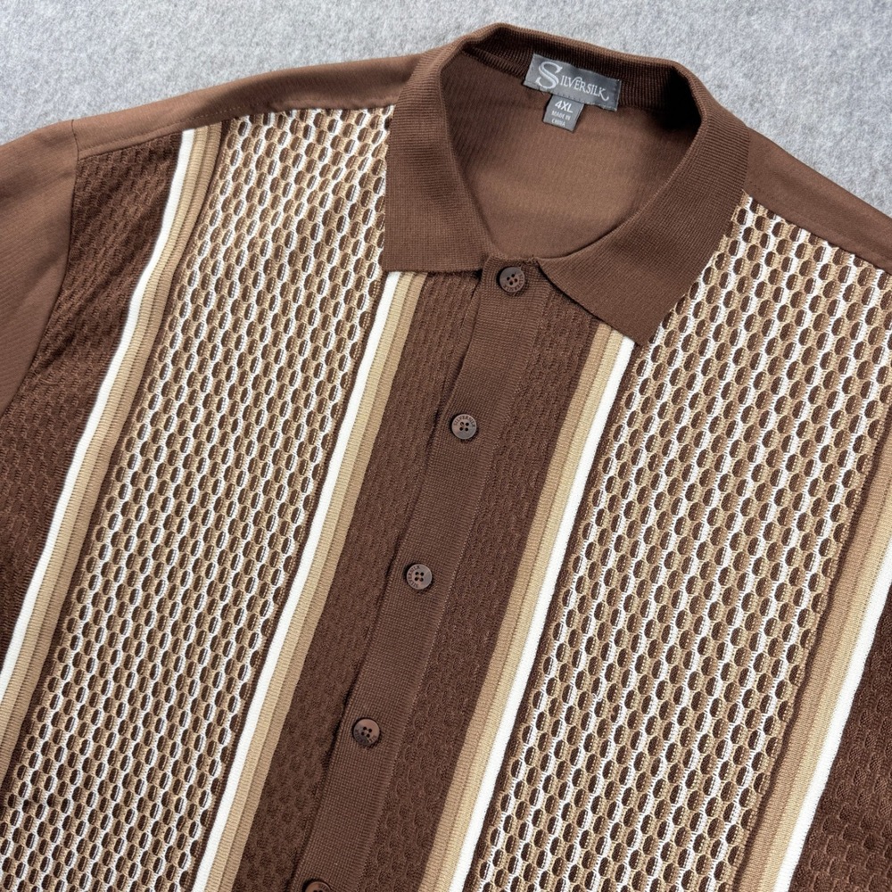 SilverSilk Mens 4X Brown Short Sleeve Button Front Knit Shirt Big Tall